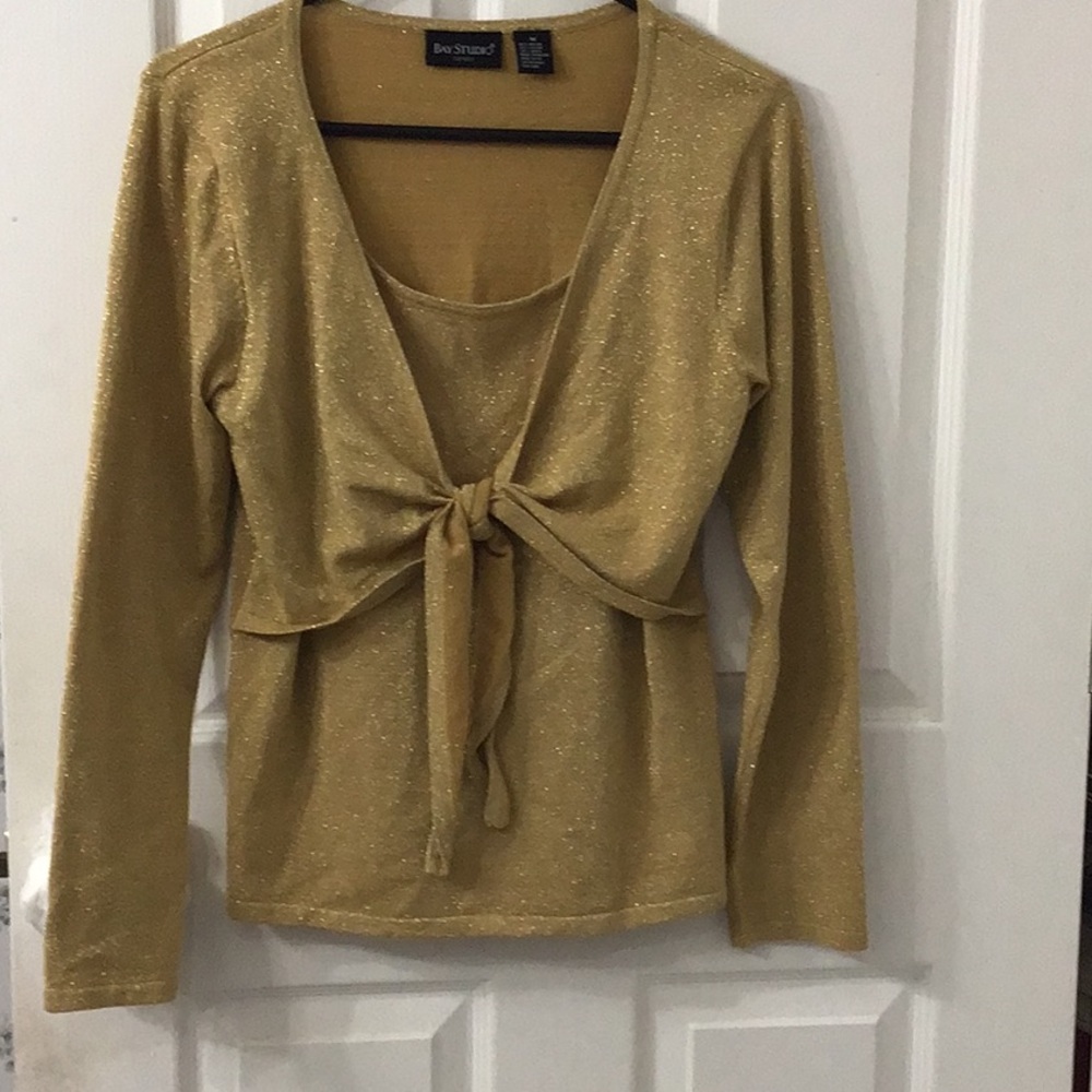 BAY STUDIOS Metallic Gold Tie-Front Long Sleeve Top, M